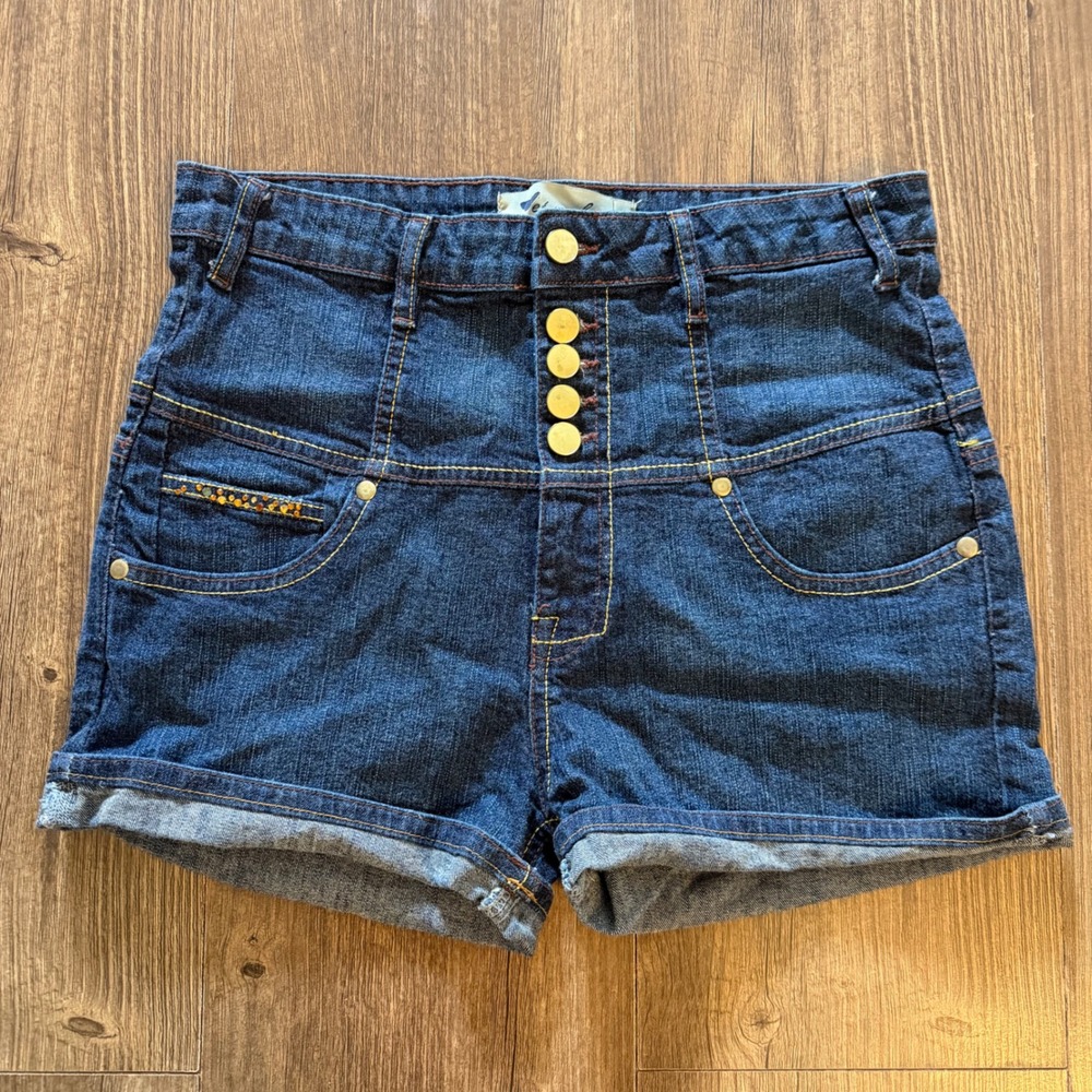 Vintage Wet Seal Jean Shorts Dark Blue High Waist Embellished Button Fly Size 11